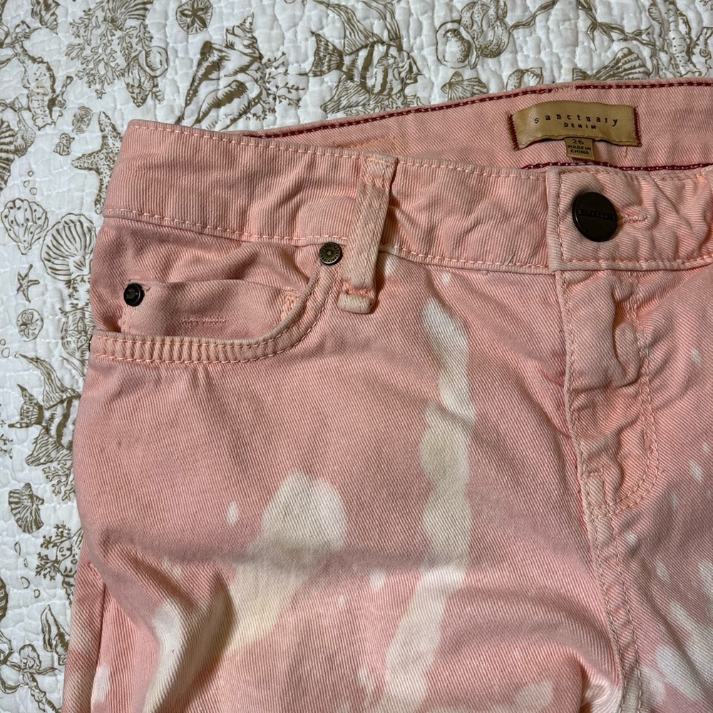 Sanctuary 26 Peach Cream Bleach Dye Upcycle Low Rise Skinny Spring Summer Jeans